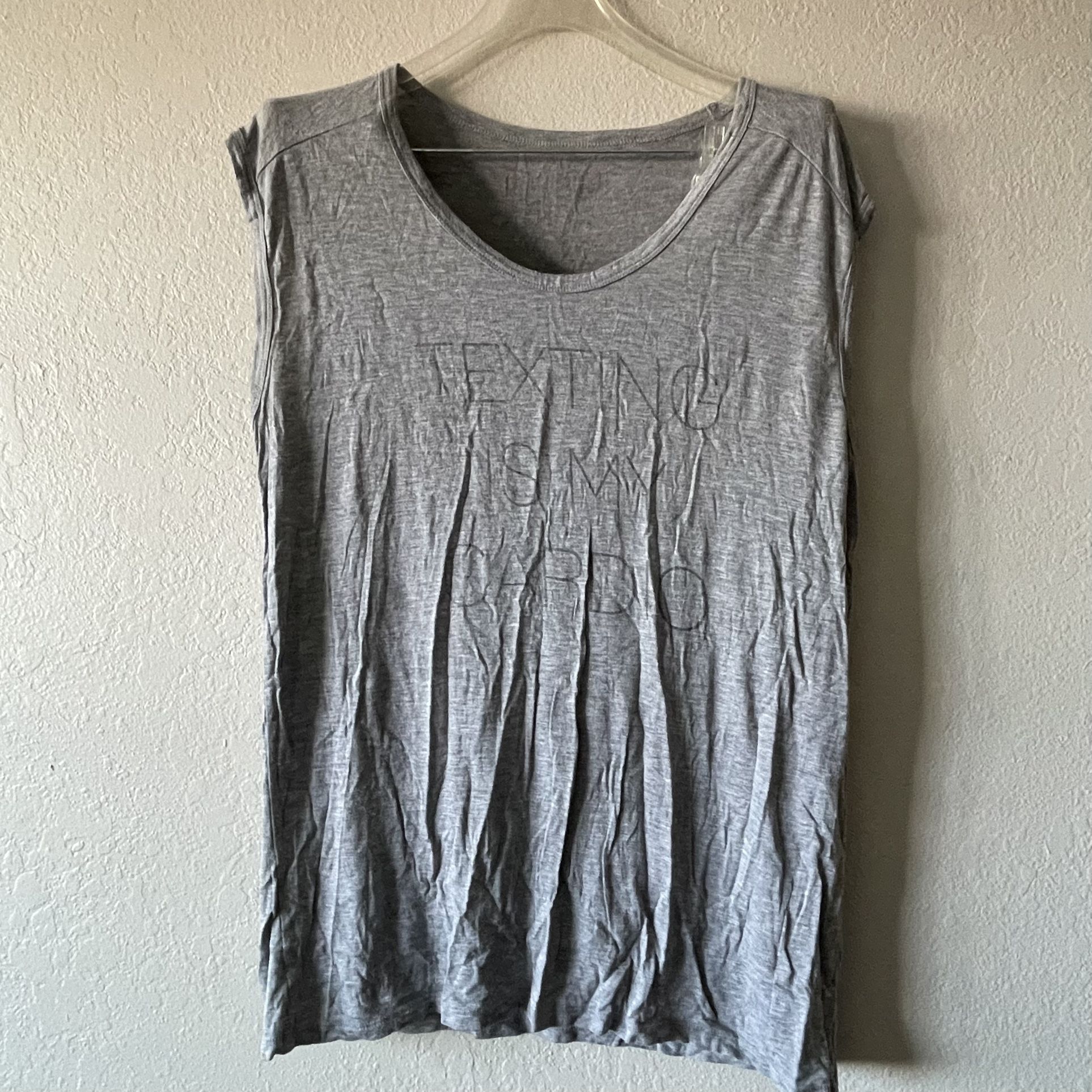 Womens Gray Texting Is My Cardio Runs Big Loose Fit Long Muscle Tank Top, Size L