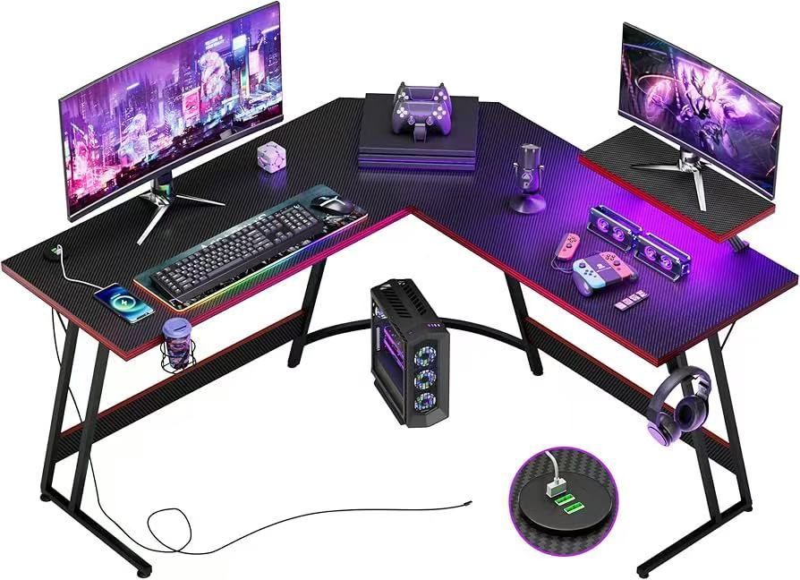 ❤️L Shaped Gaming Desk with LED Lights & Power Outlet