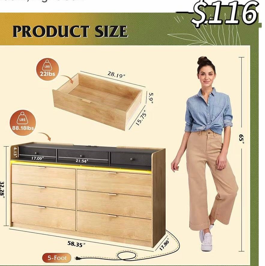 😀 9 Drawer Led Dresser for Bedroom, 58" Wide Wood Dresser Storage Organizer with Charging Station for 65" TV, Dressers with Open Shelves, Chest of Dr