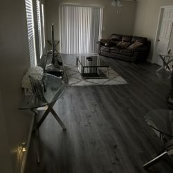 Leather Sofa With Two Matching Chairs And Tables