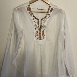 Boho Chic White Embroidered Blouse 100% cotton