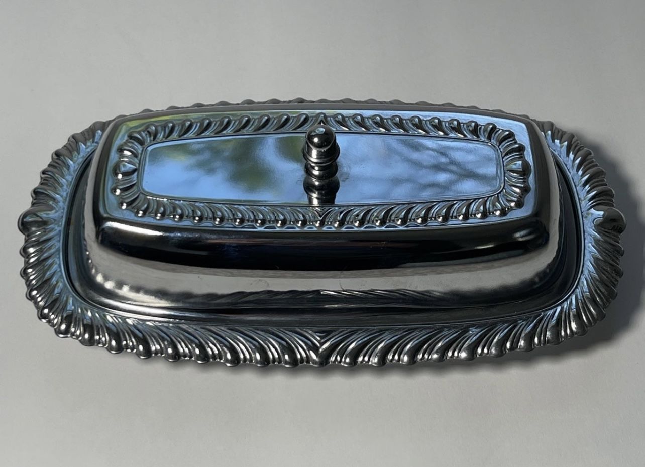 Vintage Irvinware Chrome Metal Butter Dish With Glass Tray Made In USA
