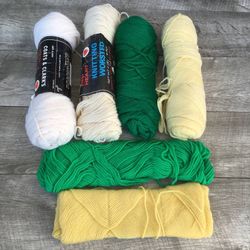Mixed Vintage Lot Green White Yellow Wool Yarn Red Heart plus others