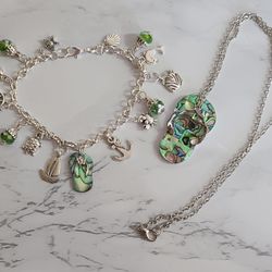A Walk On The Beach Theme Bracelet Charms And Necklace Handmade Abalone Shell Flip Flop Pendants