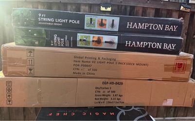 (4)String Light Poles-2 10ft Poles NEW 2-9ft Poles one is New other Installed incomplete *MISSING ONE 36in.STEEL POLE & U-HOOK TOP** A Look at picture