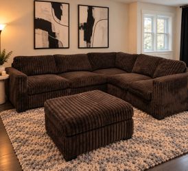 Chocolate Brown Corduroy / plush L shape Sectional Sofa with Ottoman ( Extra for delivery)
