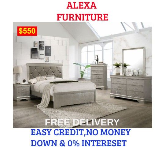 BRAND NEW QUEEN SIZE 4 PC BEDROOM SET INCLUDES QUEEN SIZE BEDFRAME, NIGHTSTAND, DRESSER, AND MIRROR  Item #CM01B6910