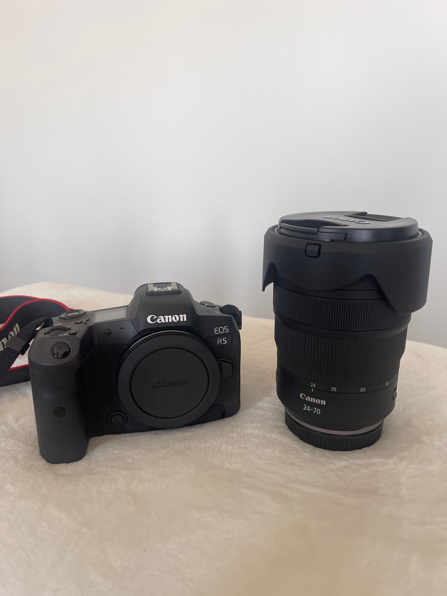 Canon EOS R5 mirrorless camera body alongside a Canon RF 24-70mm f/2.8L IS USM lens