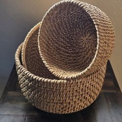 Set of 3 Handwoven Natural Rattan Baskets | Round Wicker Serving Trays | Bohemian Home Decor Storage Bowls