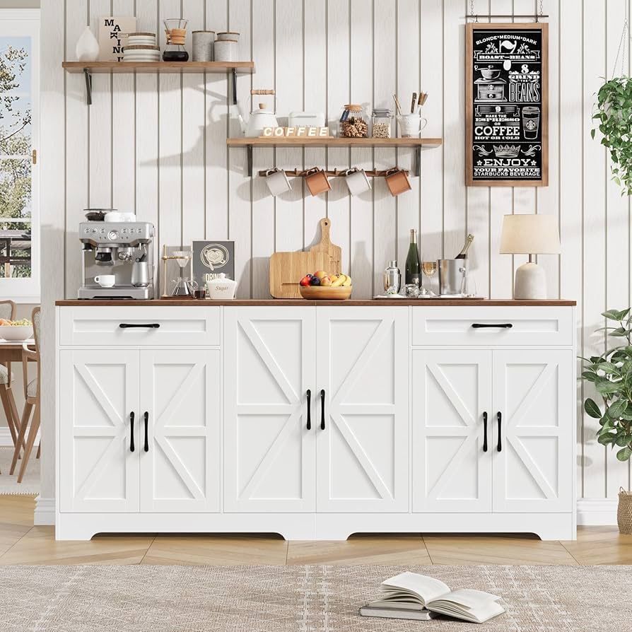 71" Large Sideboard with Storage, Farmhouse Kitchen Buffet Cabinet with Adjustable Shelves and 6 Barn Doors