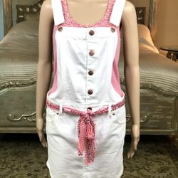 White Overall Dress With Pink Sequin Belt Sz M