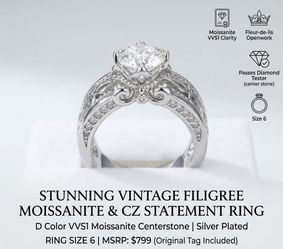 NEW Vintage Style Heart Shaped Moissanite Diamond Statement Ring Size 6