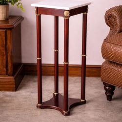 Elegant Marble Top Pedestal Side Table – Wood & Brass Accents – 28” Tall