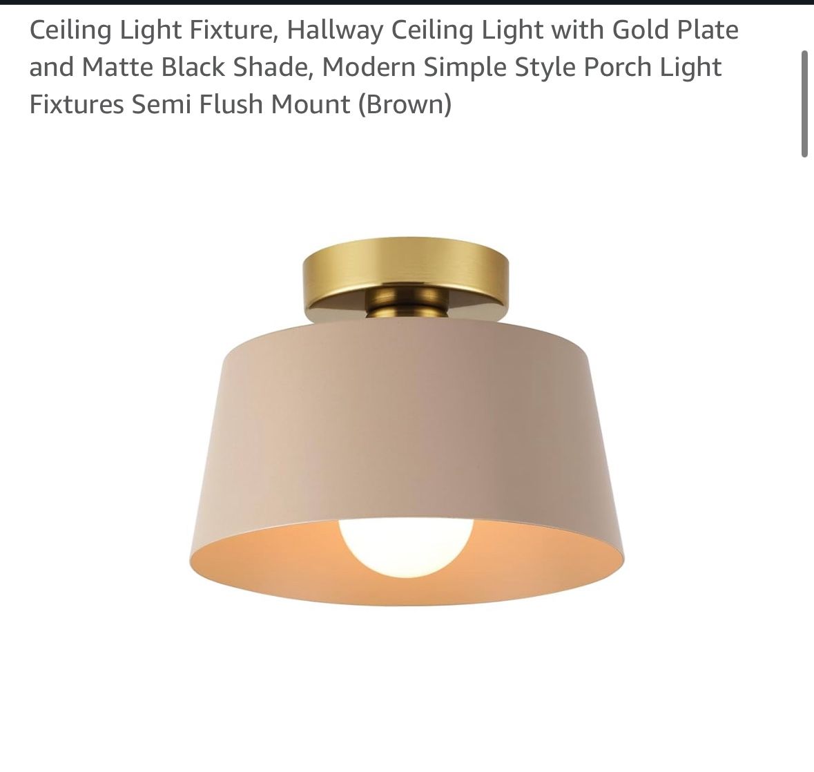 Ceiling Light Fixture, Hallway Ceiling Light with Gold Plate and Matte Black Shade