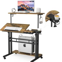 Mobile Standing Desk, Adjustable Rolling Computer Desk with 3 Desktops, Portable Laptop Table with Cup Holder, Home Office Laptop Workstation on Locka
