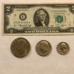 $2 Bill $1 Eisenhower Coin .50 Kennedy Half Dollar $.25 Quarter  Bi-Centennial  1(contact info removed)