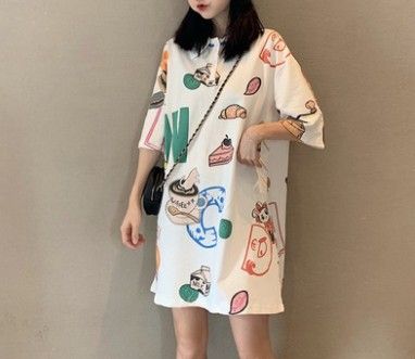 new short sleeve shirt skirt women's medium length dress T-shirt skirt