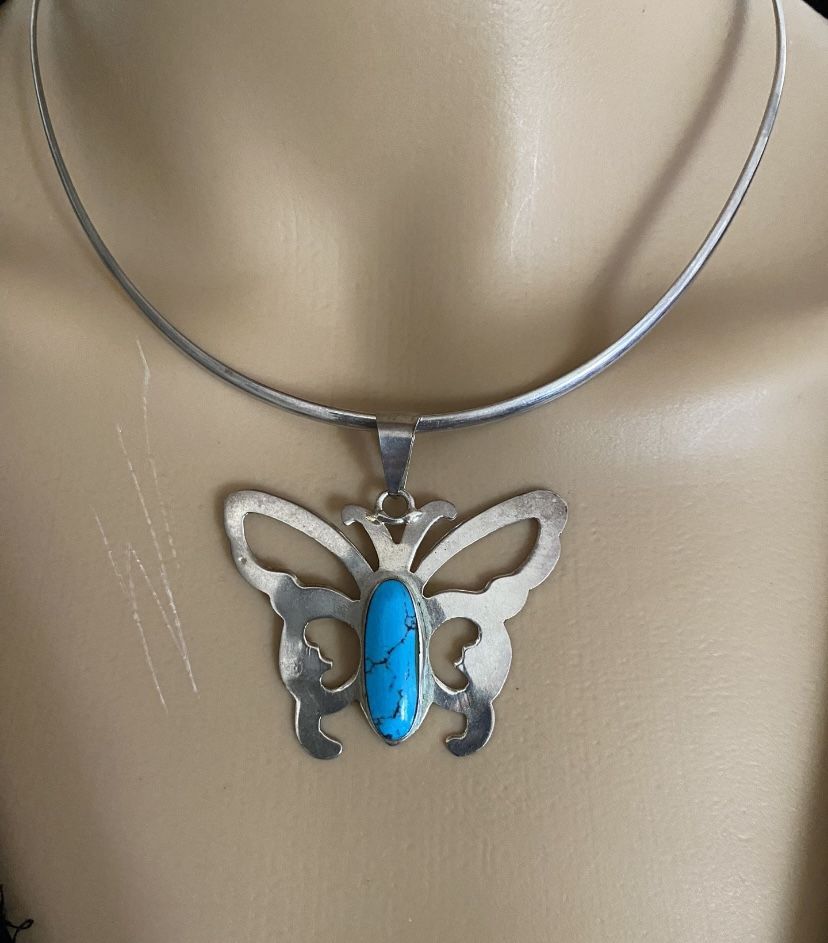 Sterling Silver And Turquoise Butterfly With Silver Choker