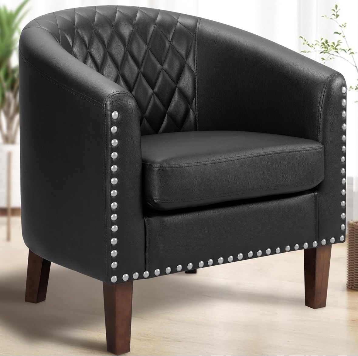 Barrel Chair, Comfy Accent Chair, Faux Leather Living Room Chairs Club Chair with Cushion, Nailhead Trim and Diamond Mesh Backrest, Reading Chair for