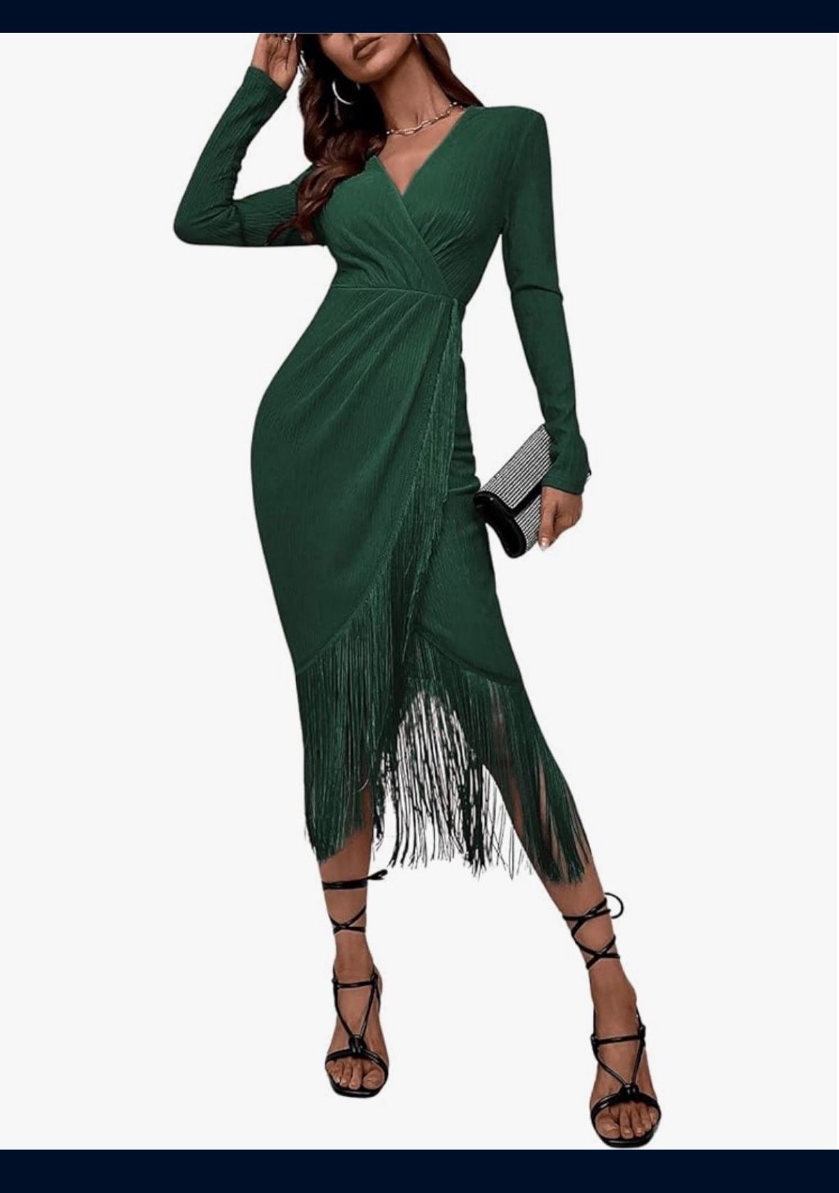 Women's Fringe Wrap Ruched V Neck Long Sleeve Solid Bodycon Party Maxi Dress