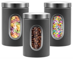 Canisters Sets for the Kitchen, 3pcs Sugar Flour Tea Coffee Storage Jars Stainless Steel Food Container Organizer for Kitchen Counter with Transparent