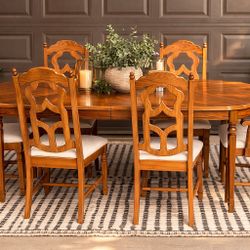 Solid Wood Oval Dining Table Set with 6 Chairs