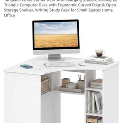 and New Tangkula White Corner Desk with Charging Station – Unopened Box
