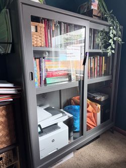Gray Metal & Glass Bookcase Cabinet