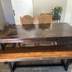 Wood Table With Bench & Chairs 
