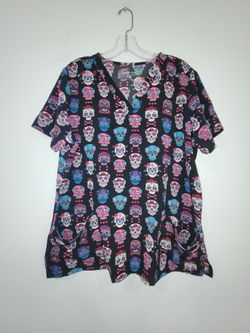 Butter-Soft Women's Size Large Halloween Stretch Fabric Medical Scrub Top