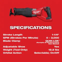 Milwaukee M18 FUEL 18V Lithium-lon Brushless Cordless Super SAWZALL Orbital Reciprocating Saw