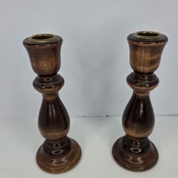 (2) Vintage MCM Brown Wooden Candlesticks Holders 6.75" × 2.50" 
