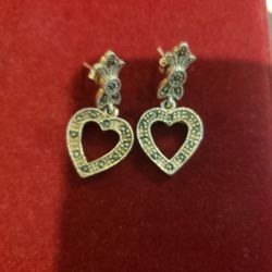 Sterling Silver 925 Gold Plated Marcasite Open Heart Earrings Stunning! F11 
