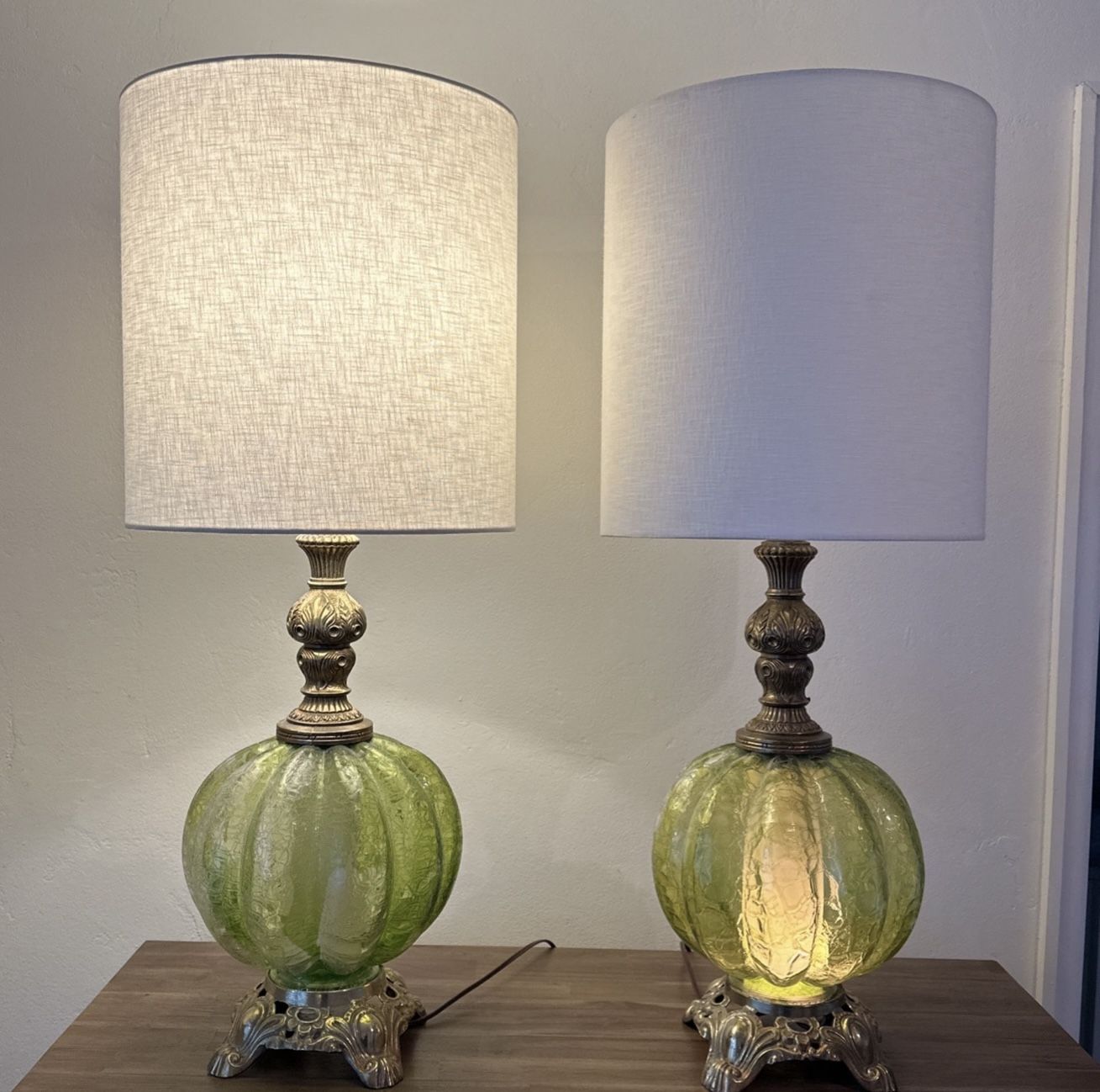 Gorgeous Set Of (2) Vintage Mid-century Brass/green Glass Lamps