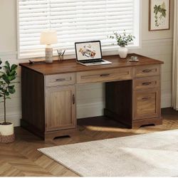 59 Inch Office Desk – Walnut Finish, Drawers, Cabinet & Charging