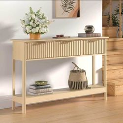 Fluted Console Table, Wooden Sofa Table with Storage and Drawers, Farmhouse Behind Couch Table Entryway Table for Entrance, Hallway, Living Room, Oak