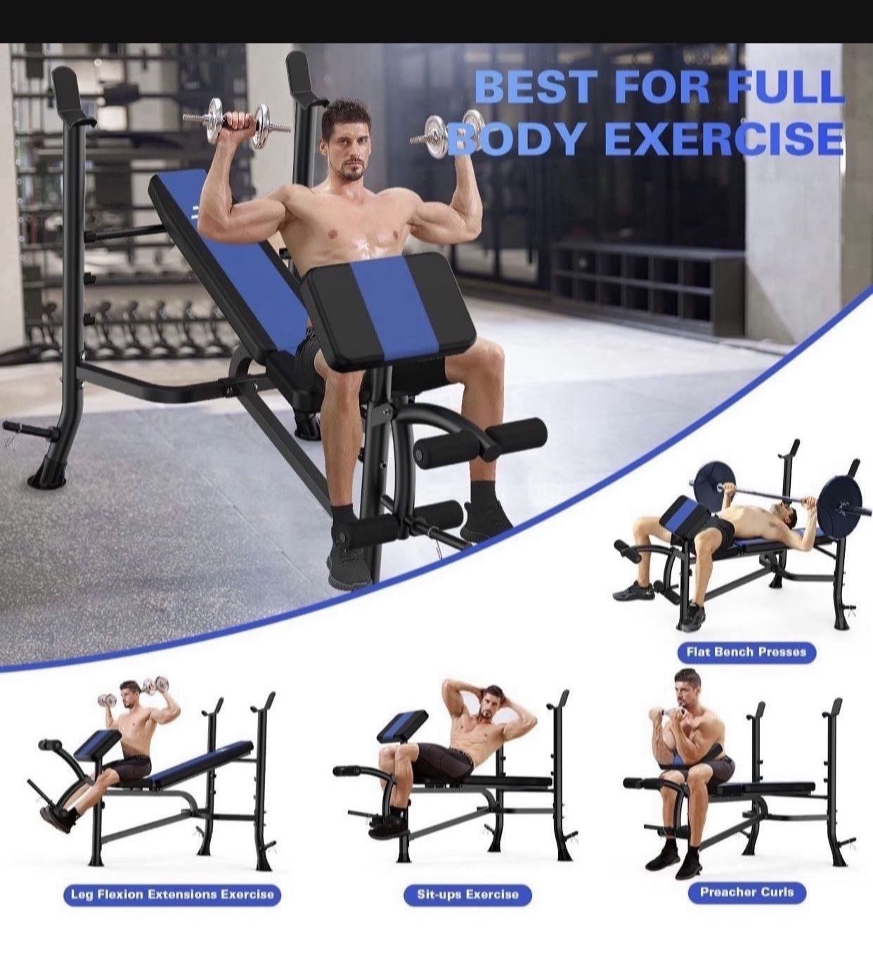 Olympic Weight Bench with Rack , Bench Press Rack with Leg Extension, Preacher Curl, and Weight Storage for Home Gym Weight Lifting and Strength Train