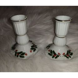 2 Fine Porcelain Christmas Holly Holiday Berry Candle Holders JAPAN
