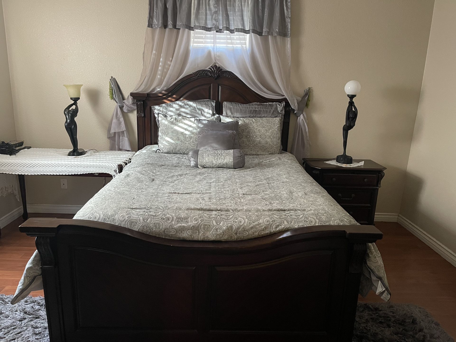 Wooden queen bed frame, dresser, mirror, night stand, and side table
