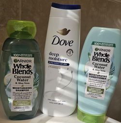 Garnier Whole Blends Shampoo & Conditioner + Dove Body Wash Bundle