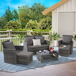 6 Piece Wicker Patio Furniture Sets with Ottoman & Tempered Glass Coffee Table