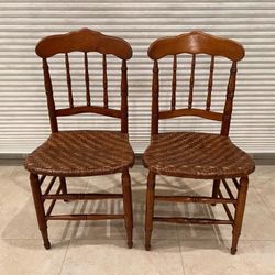 Antique 1900s Spindle Back Braided Rattan Side Chairs Kitchen Sitting