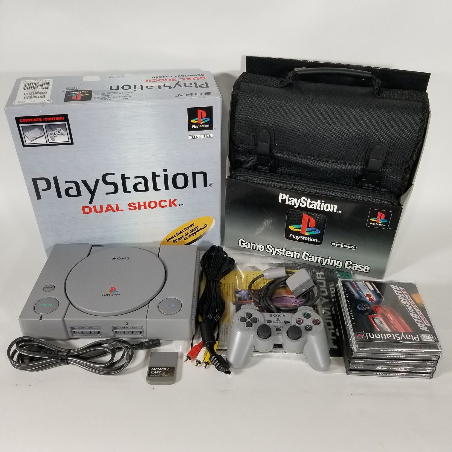 Sony PlayStation 1 Dual Shock SCPH-7501 Console Bundle w/Box, NEW Carrying Case, Games & More