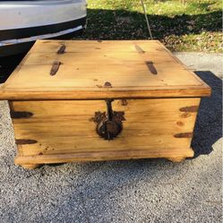 Rustic Solid Pine Artisan Made Square Coffee Table,Storage Chest On Wheels W/Hammered Iron Hardware