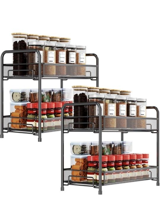 Spice Rack Organizer for Countertop 2 Pack, 2-Tier Counter Foldable Metal Standing Large Seasoning Storage Shelf for Kitchen Cabinet Bathroom Living R