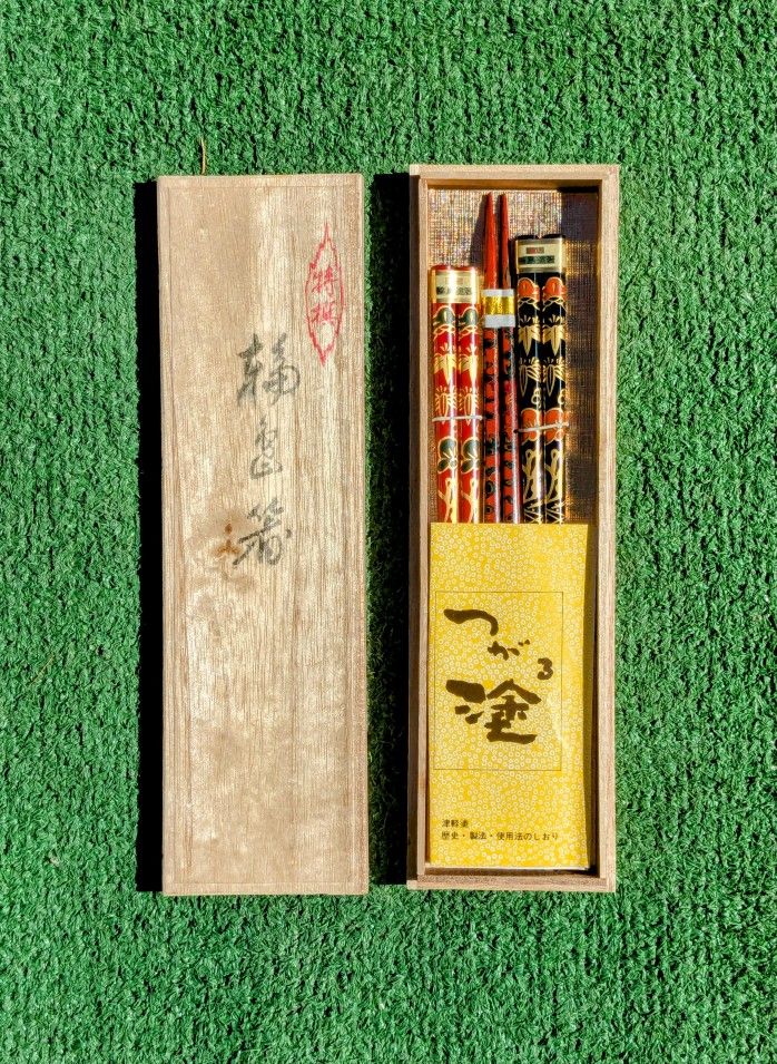 VTG Japanese Chopsticks Tsugaru Wakasa Karanuri Lacquerware Set Of 3 Pairs NOS