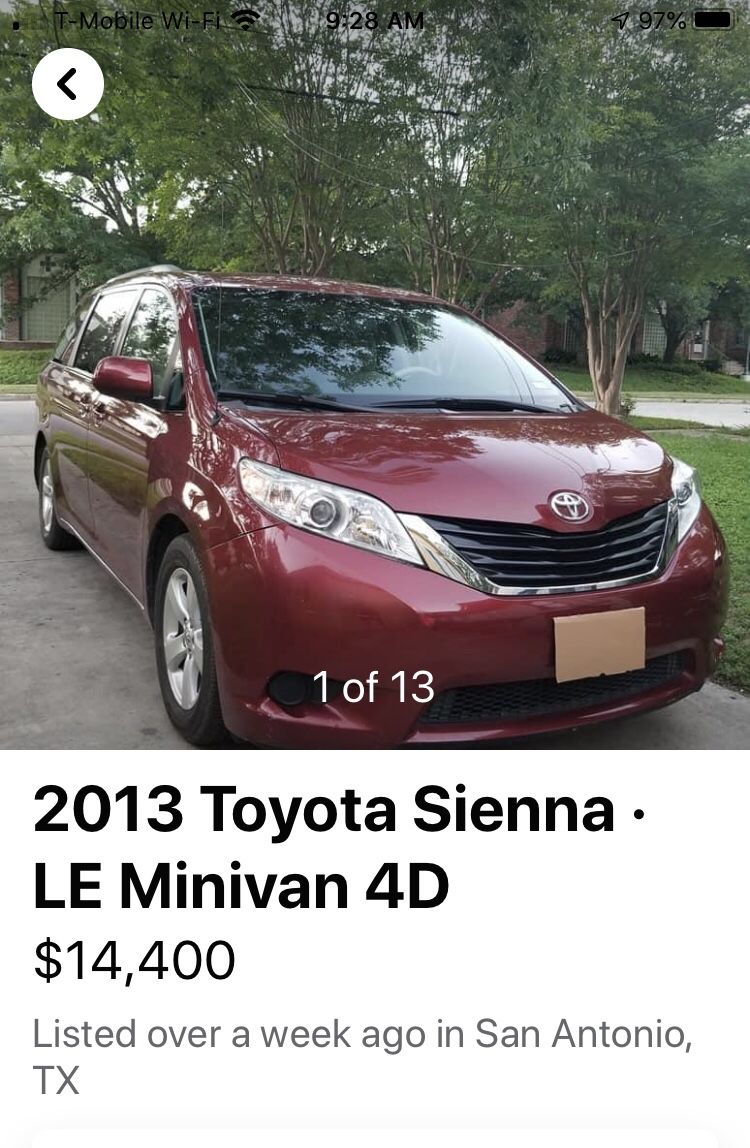 LE Minivan 4D TOYOTA2013 Sienna Excellent condition Kept in garage, 61,000 miles, no accidents, w/ lift for scooters &wheelchairs.
