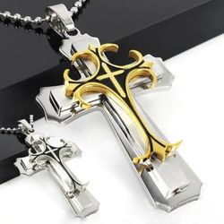 Men's Uniquely Crafted Multi-Layer 2-Tone Gold & Silver Titanium Steel Cross Pendant  With 24"Chain Necklace 