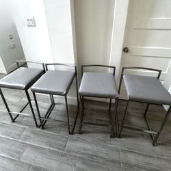 Gray Faux Leather Bar Stools Set of  4 Modern Chrome Square