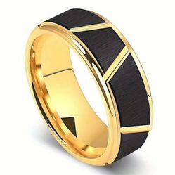 Men's 8mm Tungsten Black Gold Brushed Grooved Engagement Wedding Band 12